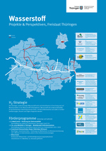 Plakat-Wasserstoff-Thüringen-2025 Auf dem Plakat ist die Thüringenkarte dargestellt mit den geplanten Wasserstoffleitungen. Hierbei wird das Kernnetz in weiß und das Verteilnetz in rot unterschieden.