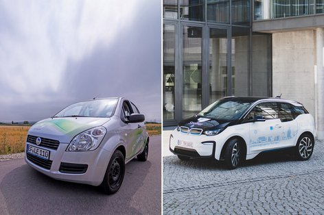 Seit dem Start setzt die ThEGA auf klimafreundliche Mobilität: Links ein früher „Stromer“, mit dem das ThEGA-Team in Thüringen ist. Rechts das aktuelle E-Auto im ThEGA-Design.