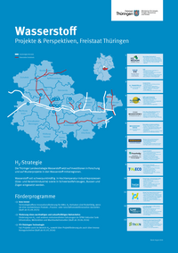 Auf dem Plakat ist die Thüringenkarte dargestellt mit den geplanten Wasserstoffleitungen. Hierbei wird das Kernnetz in weiß und das Verteilnetz in rot unterschieden.