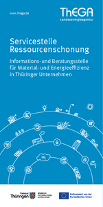 Servicestelle Ressourcenschonung Unter dem Titel und Untertitel ist eine Icongrafik abgebildet die verschiedene Bausteine der Ressourcenschonung abbildet, Bsp. Elektromobilität, CO2-Einsparung, Recycling, etc.