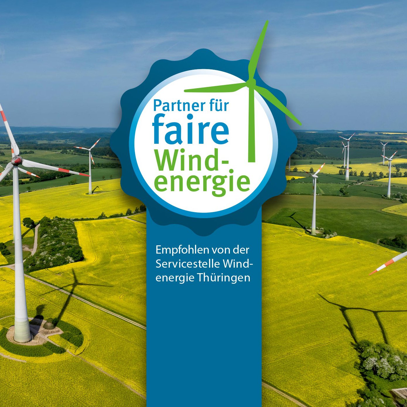 Ein Windpark mit ca. 20 Windenergieanlagen in Thüringen umgeben von gelben, blühenden Rapsfeldern + Siegel für faire Windenergie Thüringen
