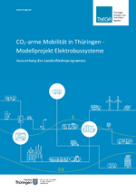 Das blaue Cover der Broschüre "CO2-arme Mobilität in Thüringen" zeigt eine Sammlung von Icon in weiß, passend zum Thema Mobilität wie Fahrzeuge, E-Busse, E-Bikes etc. Im unteren Teil wird das Logo des Thüringer Ministerium für Umwelt, Energie, Naturschutz und Forsten gezeigt.