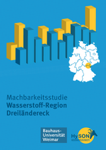 Schlussbericht Machbarkeitsstudie „Wasserstoff-Region Dreiländereck Südthüringen, Nordbayern, Westsachsen“ Auf dem Titelbild ist die topografische Karte von Thüringen dargestellt. Dahinter ist ein Säulendiagramm abgebildet.