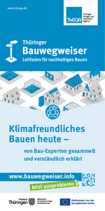 Bauwegweiser Thüringen Bauwegweiserlogo oben, darunter eine Grafik mit verscheidenen Häusern in Bauabschnitte unterteilt, Dach, Fußboden, Dämmung, etc.