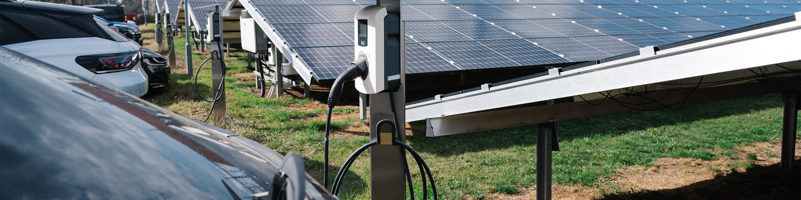 E-Autos an Ladestation auf einem Firmenparkplatz Mehrere E-Autos laden auf einem Firmenparkplatz in Arnstadt vor einer Freiflächensolaranlage