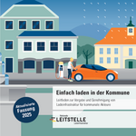 Einfach laden in der Kommune Cover des Leitfadens, es ist ein Rathaus mit Ladesäule und E-Auto in gezeichneter Form zu sehen