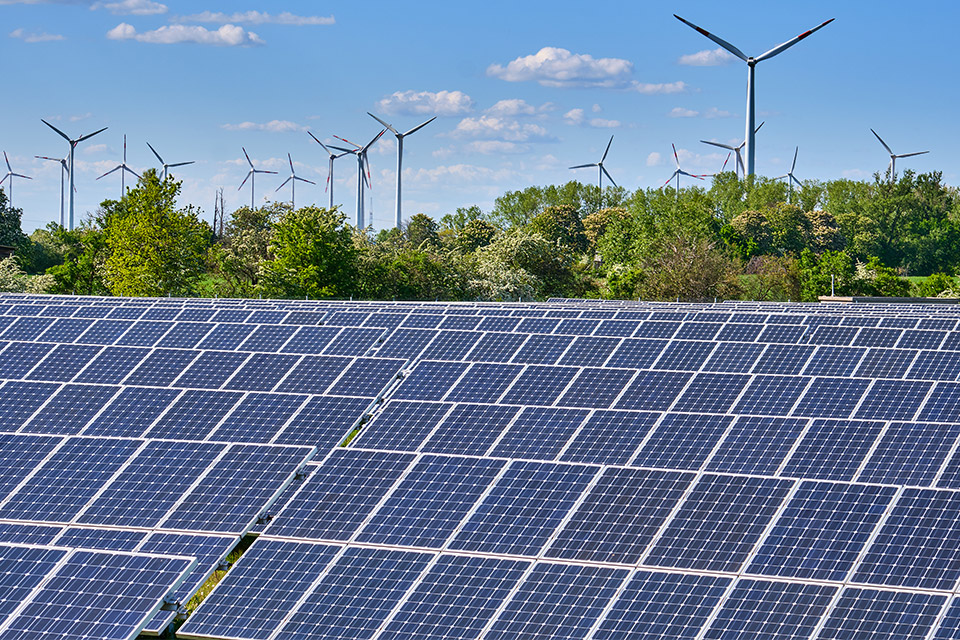 Freiflächen-Solaranlage mit Windenergieanlagen und Bäumen im Hintergrund