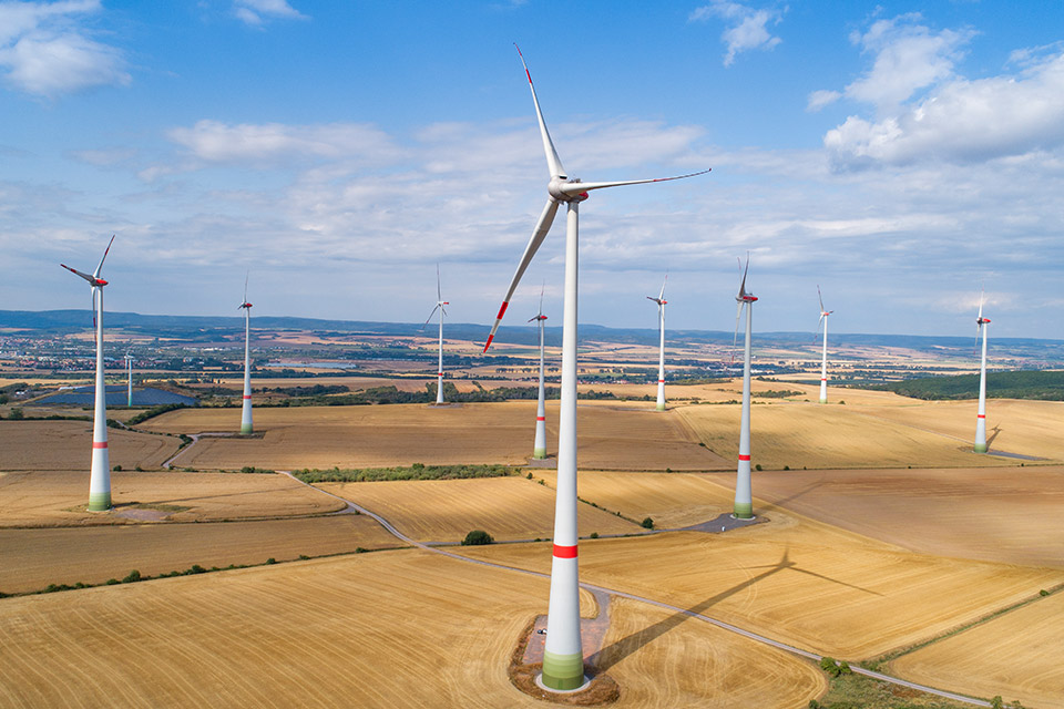 Windräder im Windpark Nentzelsrode in Thüringen