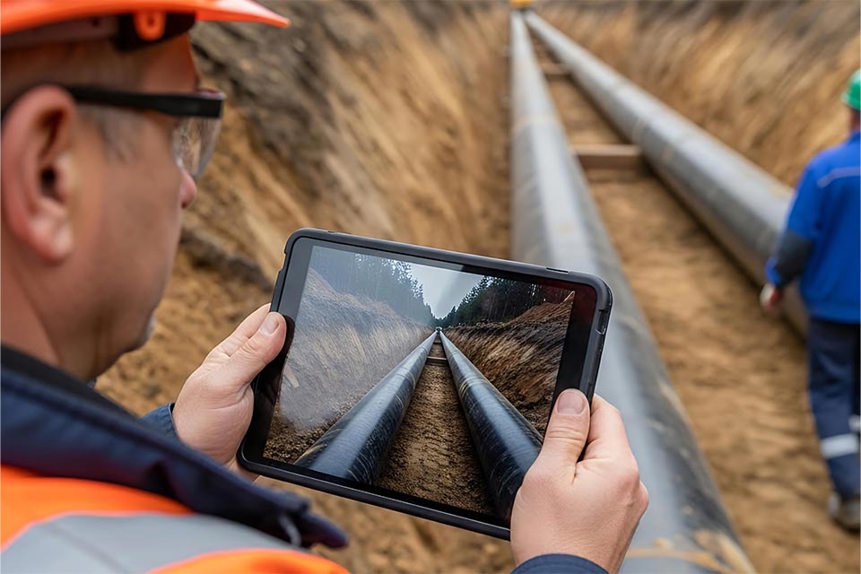 Zwei Arbeiter inspezieren mit dem Tablet Waermeleitungen, die unter der Erde liegen